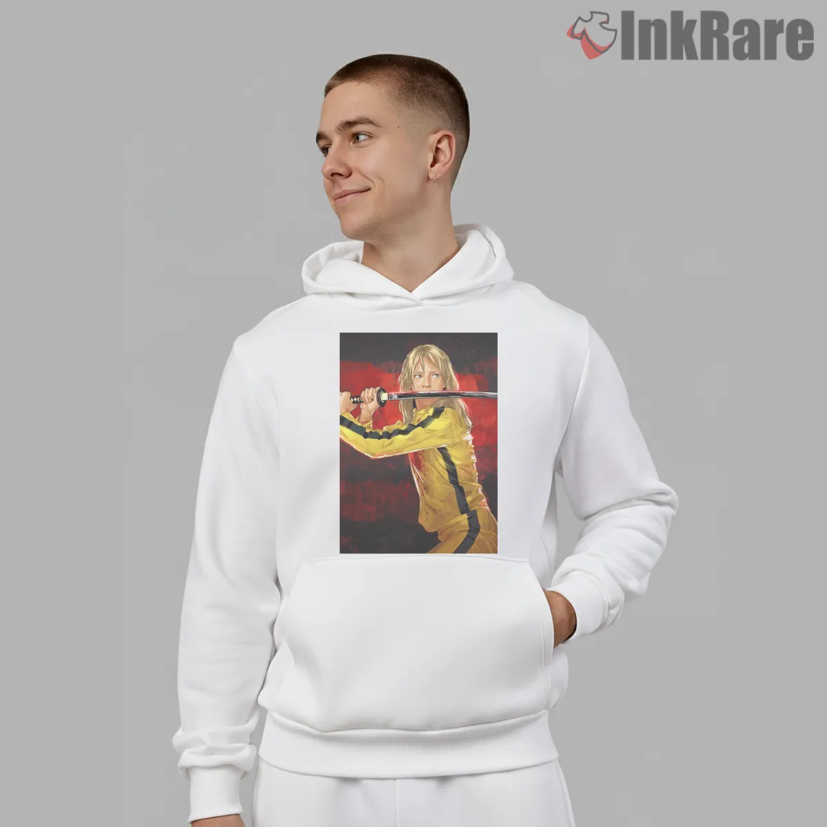 Beatrix Kiddo Katana Action Red Background Shirt on white hoodie for men graphic tee