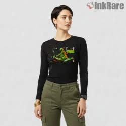 Beatrix Kiddo Kawasaki Ninja Ride Night Scene Kill Bill Shirt on black long sleeve shirt for women graphic tee