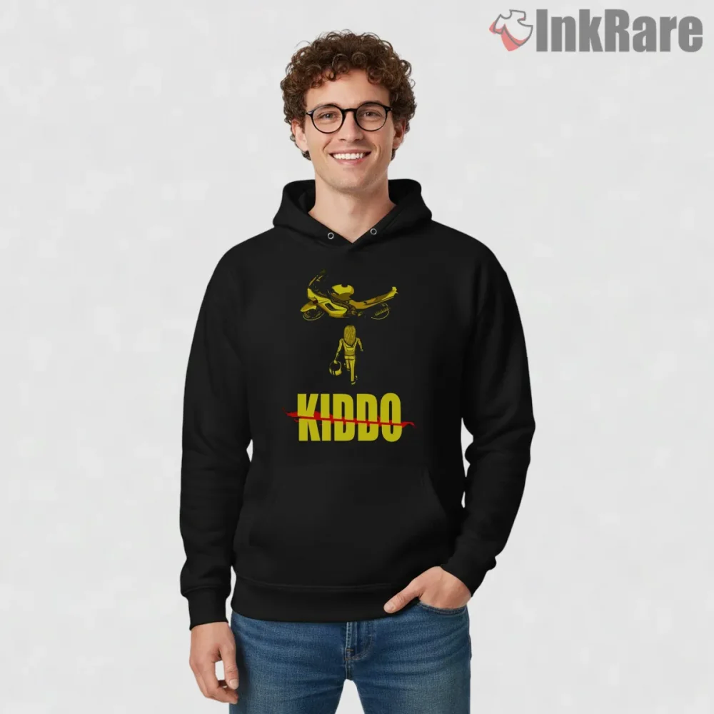 Beatrix Kiddo Motorcycle Neon Silhouette Kill Bill Shirt on black hoodie for men graphic tee