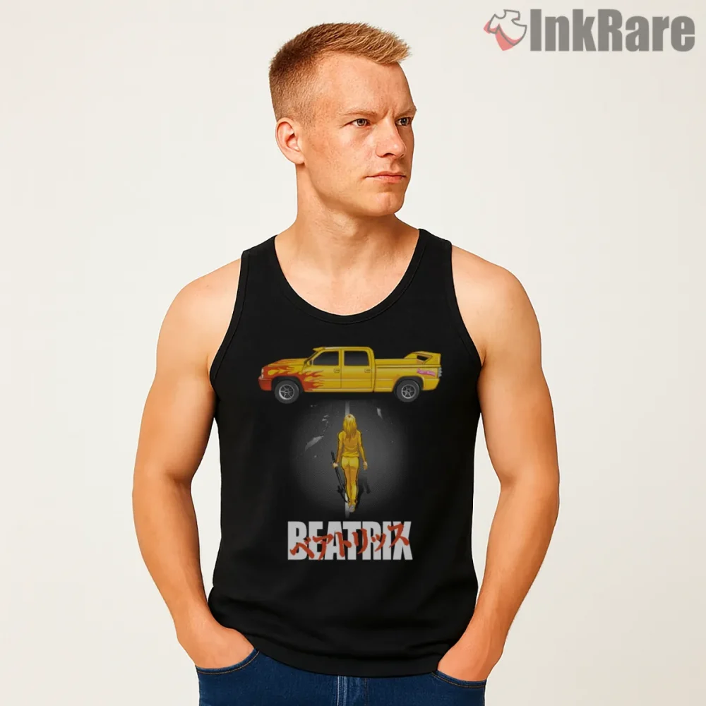 Beatrix Kiddo Night Walk Cinematic Minimal Poster Shirt on black tank top for men graphic tee