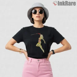 Beatrix Kiddo Paint Splatter Action Silhouette Shirt on black short sleeve shirt for women graphic tee