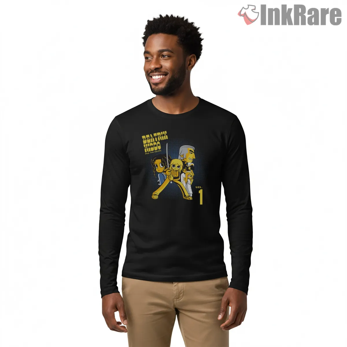 Beatrix Kiddo Versus Deadly Vipers Cartoon Battle Long Sleeve Black Beatrix Kiddo Versus Deadly Vipers Cartoon Battle Shirt on black long sleeve shirt for men graphic tee
