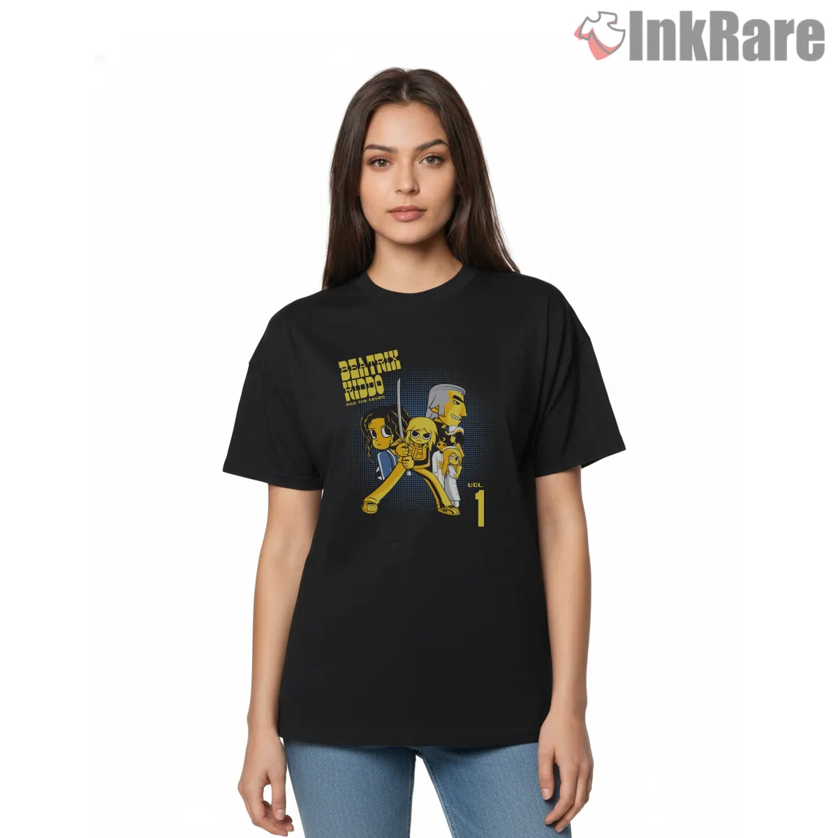 Beatrix Kiddo Versus Deadly Vipers Cartoon Battle Short Sleeve Black Beatrix Kiddo Versus Deadly Vipers Cartoon Battle Shirt on black short sleeve shirt for women graphic tee