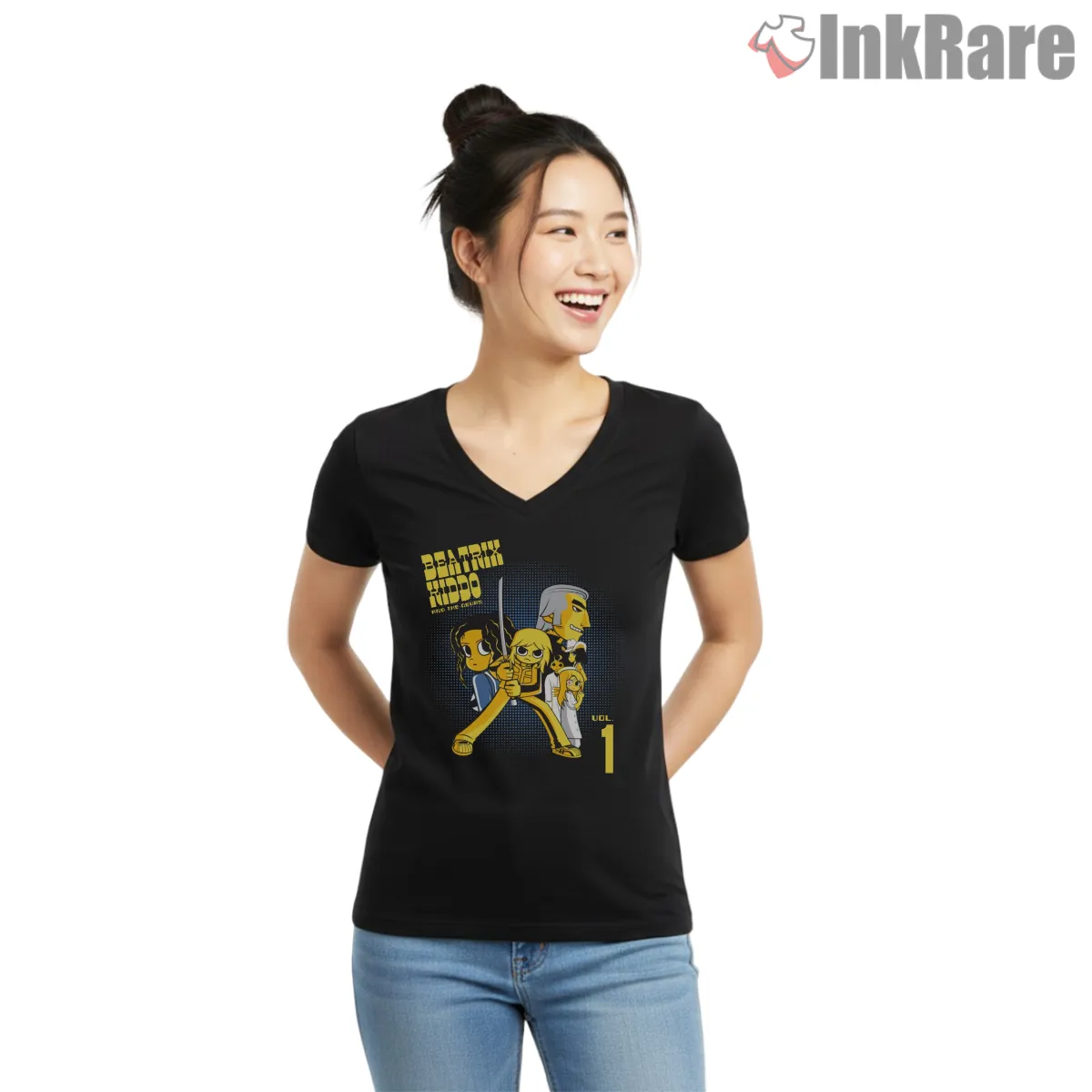 Beatrix Kiddo Versus Deadly Vipers Cartoon Battle V Neck Black Beatrix Kiddo Versus Deadly Vipers Cartoon Battle Shirt on black v-neck shirt for women graphic tee