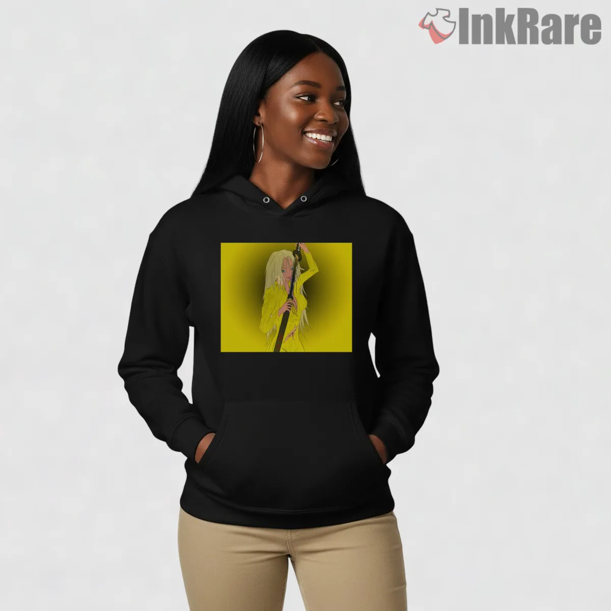 Beatrix Kiddo Yellow Suit Katana Minimal Portrait Hoodie Black Beatrix Kiddo Yellow Suit Katana Minimal Portrait Shirt on black hoodie for women graphic tee