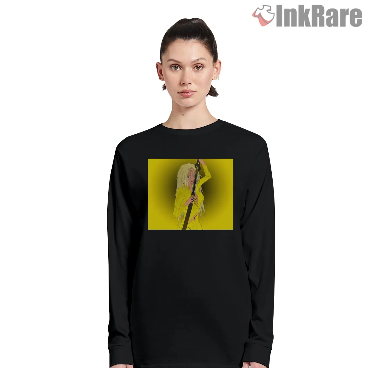 Beatrix Kiddo Yellow Suit Katana Minimal Portrait Long Sleeve Black Beatrix Kiddo Yellow Suit Katana Minimal Portrait Shirt on black long sleeve shirt for women graphic tee