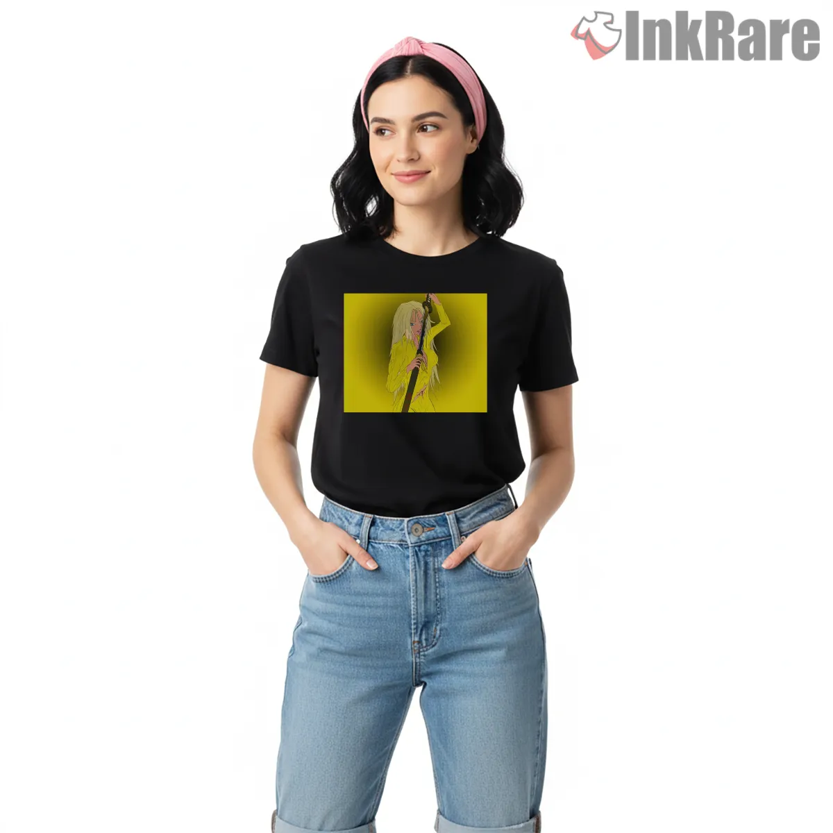 Beatrix Kiddo Yellow Suit Katana Minimal Portrait Short Sleeve Black Beatrix Kiddo Yellow Suit Katana Minimal Portrait Shirt on black short sleeve shirt for women graphic tee