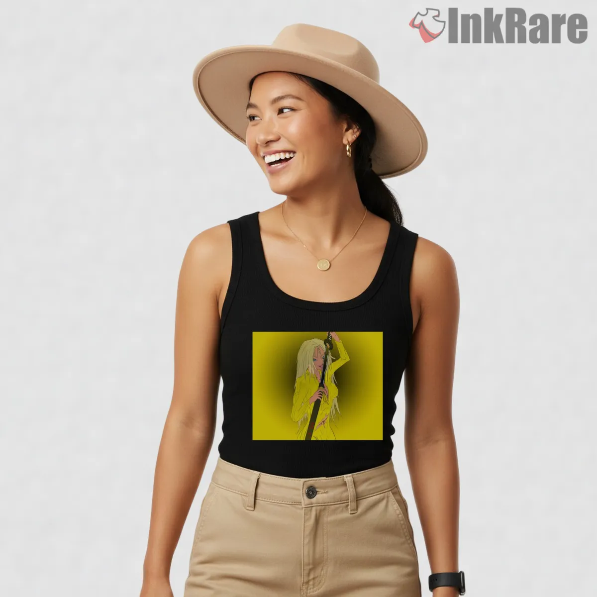 Beatrix Kiddo Yellow Suit Katana Minimal Portrait Tank Top Black Beatrix Kiddo Yellow Suit Katana Minimal Portrait Shirt on black tank top for women graphic tee