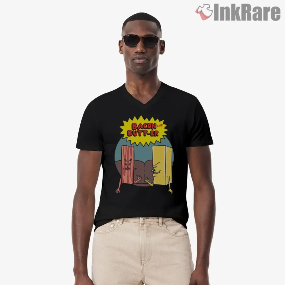 Beavis And Butt Head Bacon And Butter Food Parody Shirt on black v-neck shirt for men graphic tee