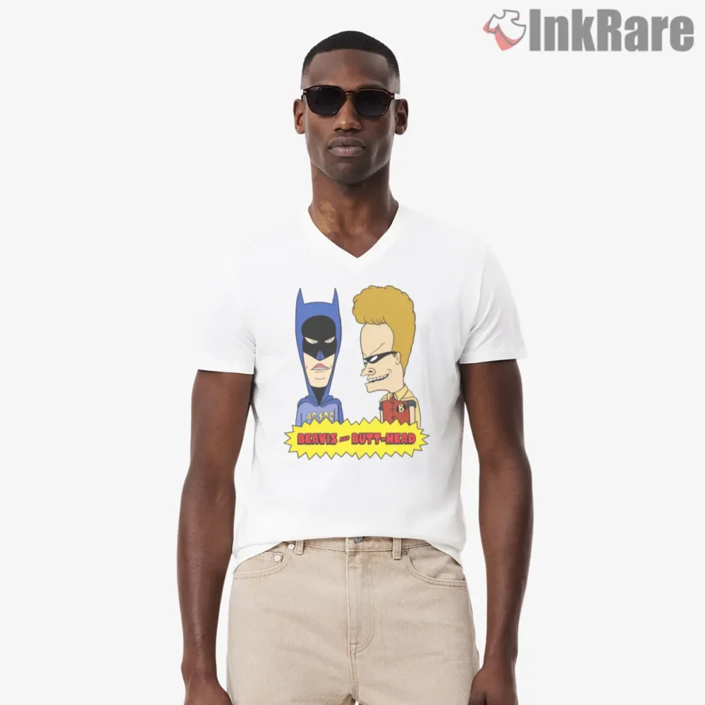 Beavis And Butt Head Dark Knight Sidekick Parody Shirt on white v-neck shirt for men graphic tee