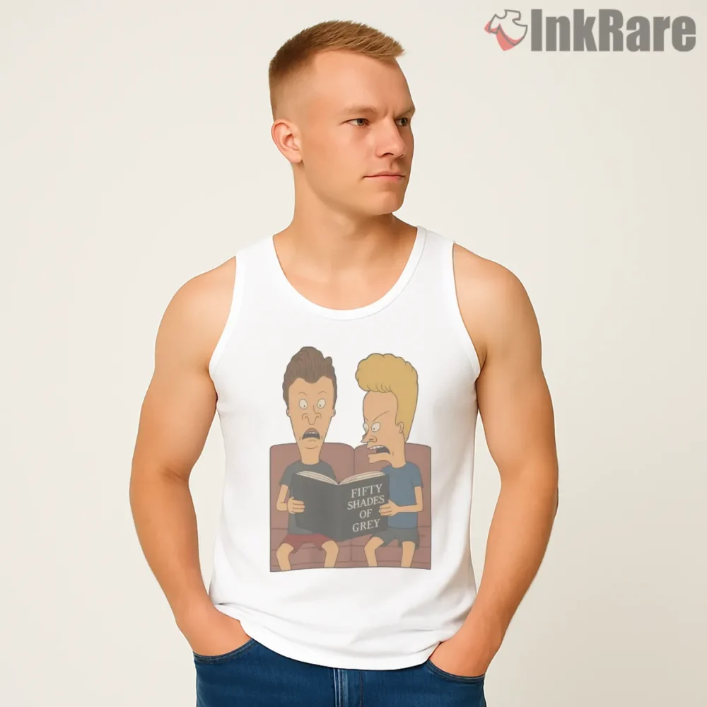 Beavis And Butt Head Fifty Shades Reading Joke Shirt on white tank top for men graphic tee