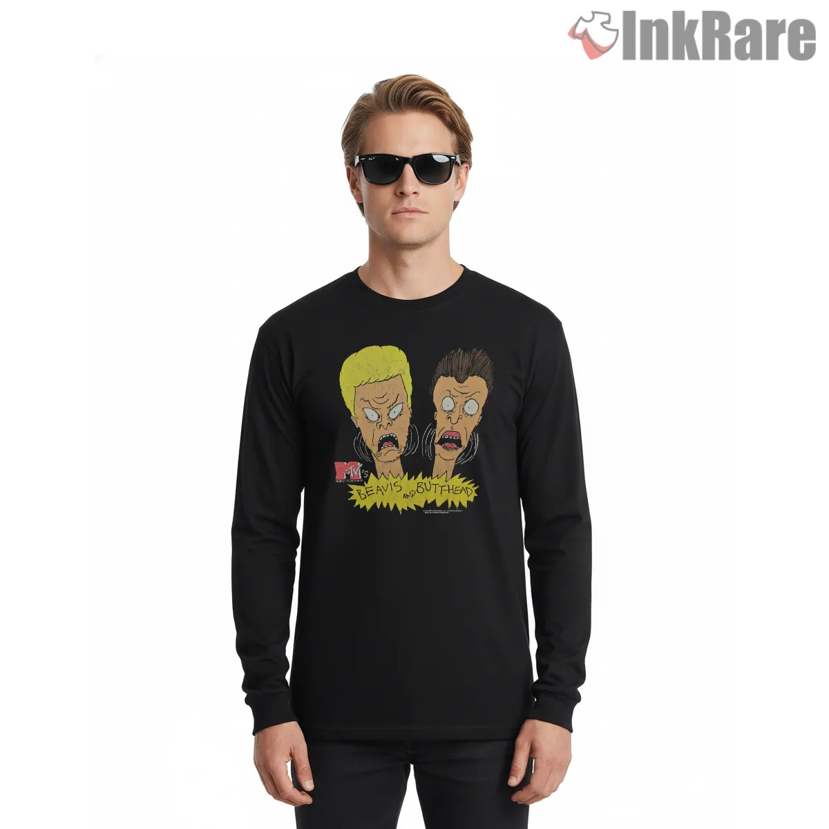 Beavis And Butt Head Intense Close Up Mtv Shirt on black long sleeve shirt for men graphic tee