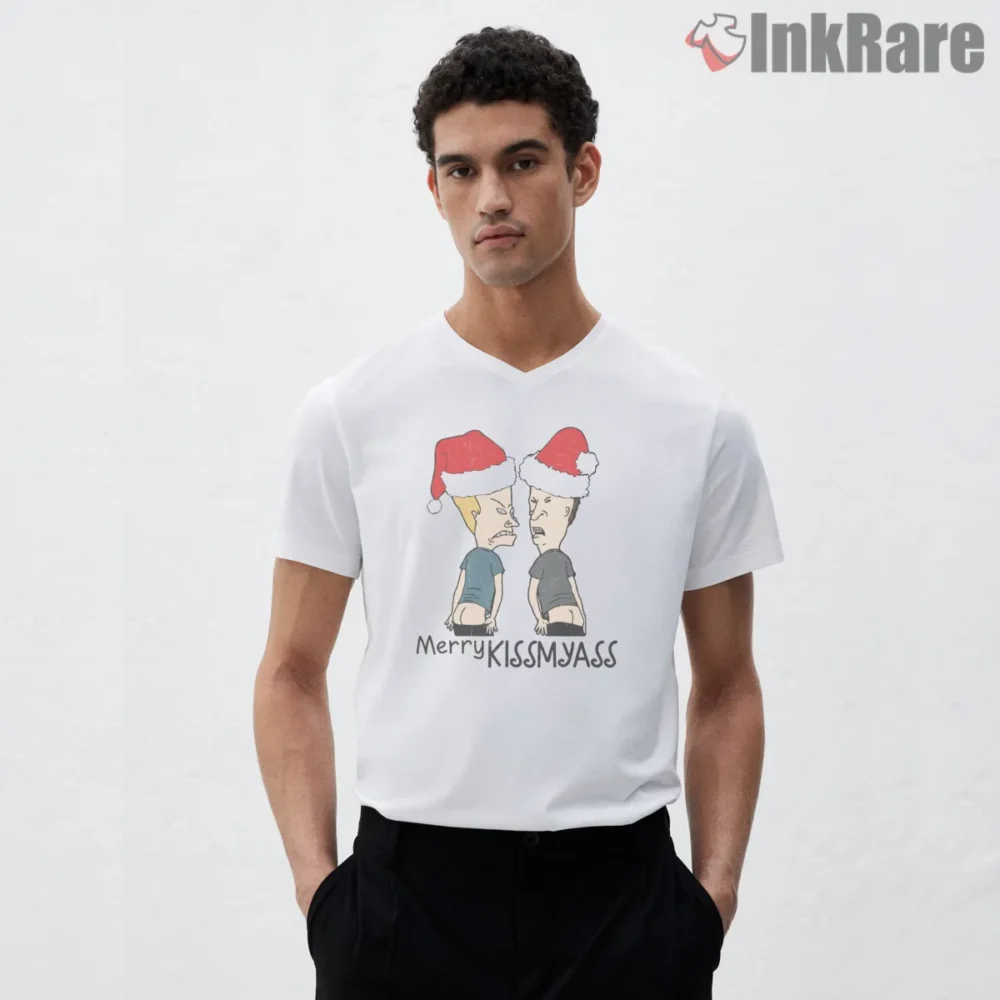 Beavis And Butt Head Merry Kissmyass Holiday Shirt on white v-neck shirt for men graphic tee