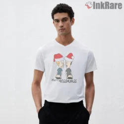 Beavis And Butt Head Merry Kissmyass Holiday Shirt on white v-neck shirt for men graphic tee