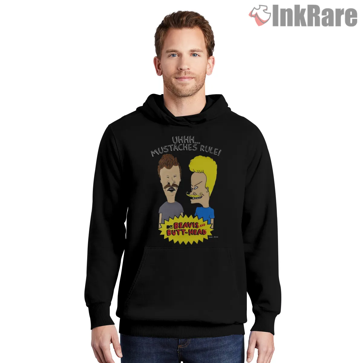 Beavis And Butt Head Old School Mustaches Rule Shirt on black hoodie for men graphic tee