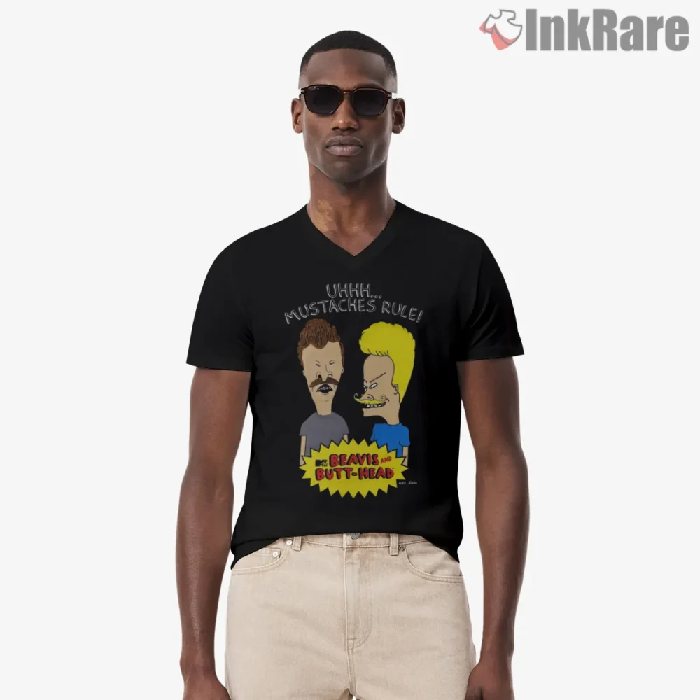 Beavis And Butt Head Old School Mustaches Rule Shirt on black v-neck shirt for men graphic tee