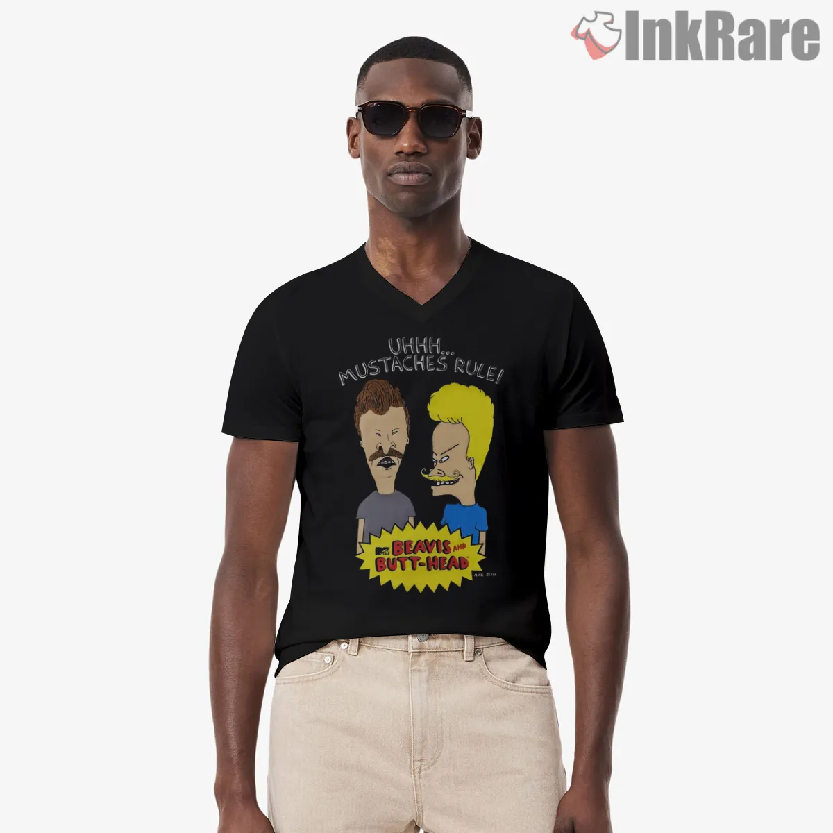 Beavis And Butt Head Old School Mustaches Rule V Neck Black Beavis And Butt Head Old School Mustaches Rule Shirt on black v-neck shirt for men graphic tee