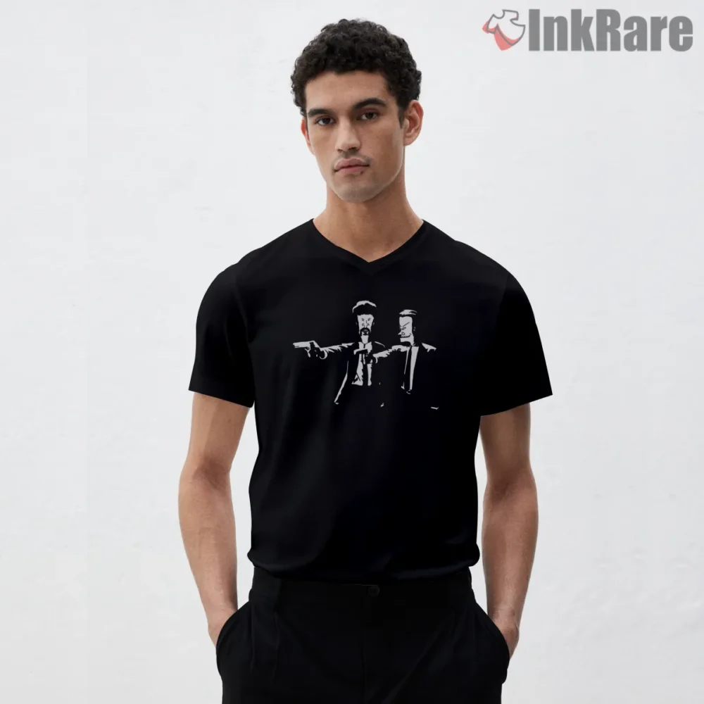 Beavis And Butt Head Pulp Movie Parody Silhouette Shirt on black v-neck shirt for men graphic tee