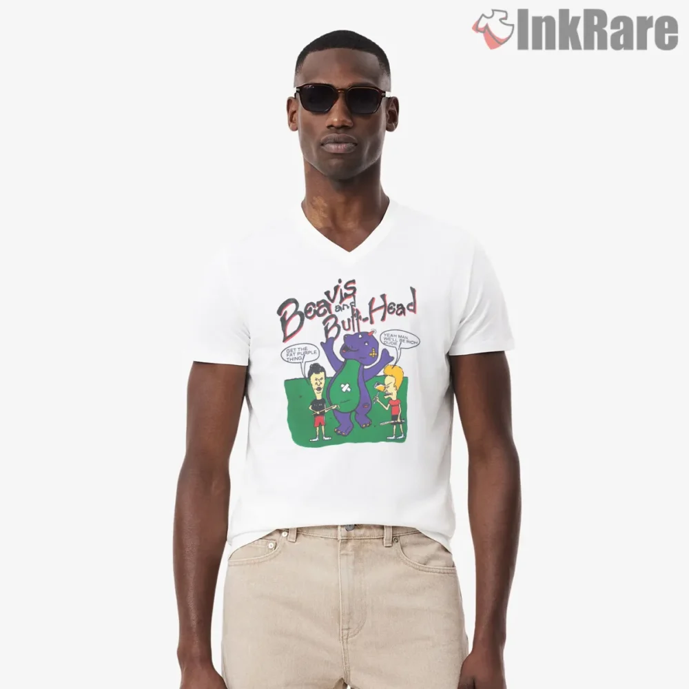 Beavis And Butt Head Purple Dinosaur Heavy Metal Shirt on white v-neck shirt for men graphic tee