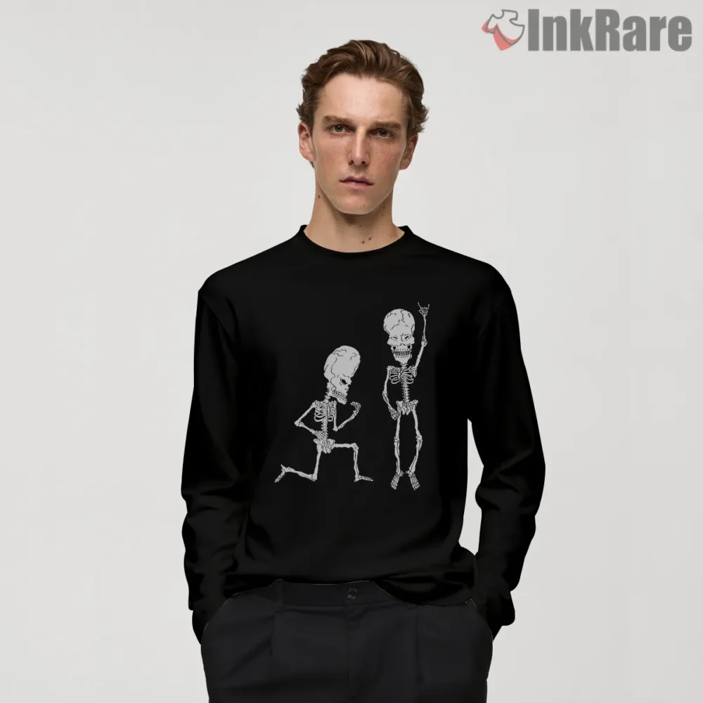 Beavis And Butt Head Rock On Skeleton Duo Shirt on black long sleeve shirt for men graphic tee