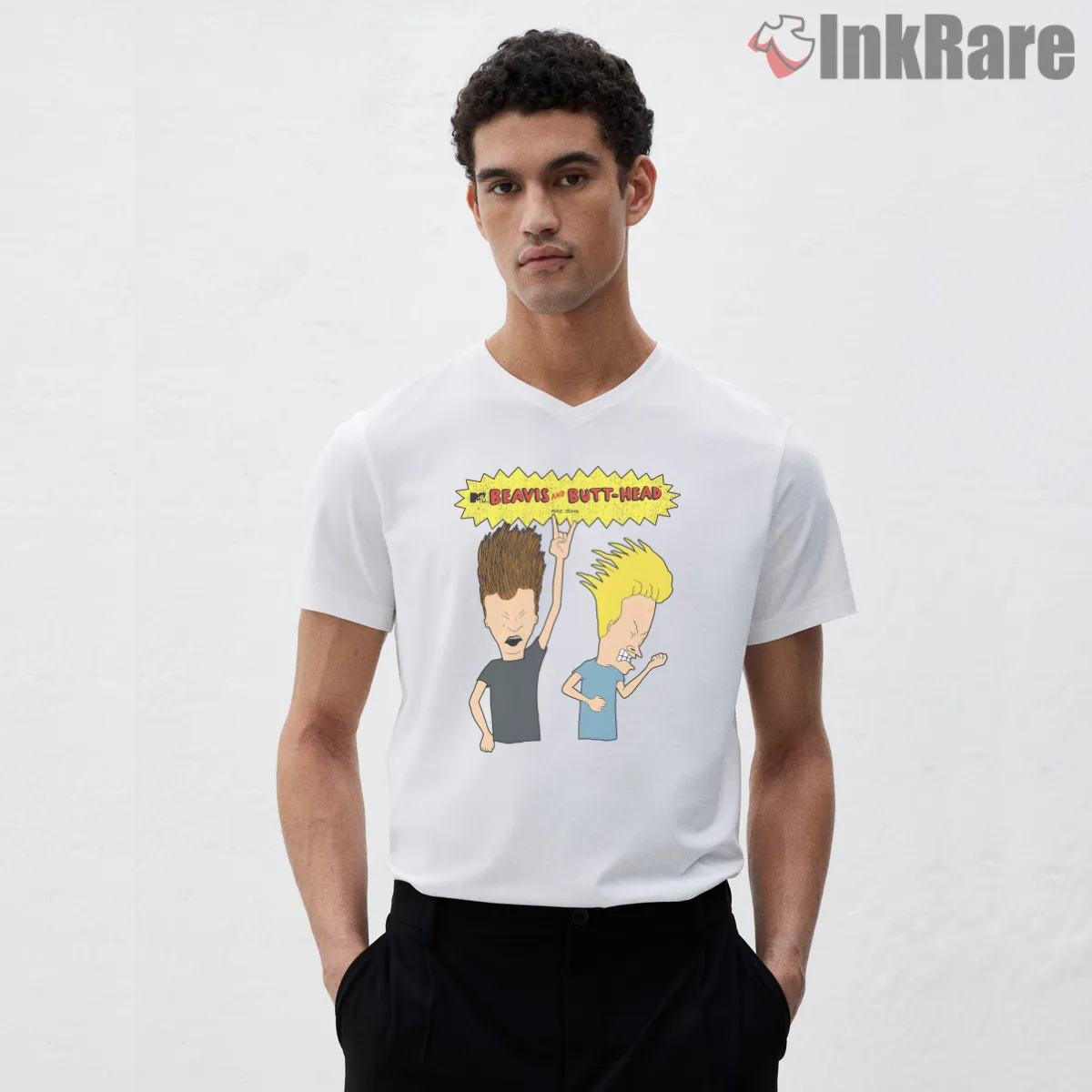 Beavis And Butt Head Rocking Out Heavy Metal V Neck White Beavis And Butt Head Rocking Out Heavy Metal Shirt on white v-neck shirt for men graphic tee