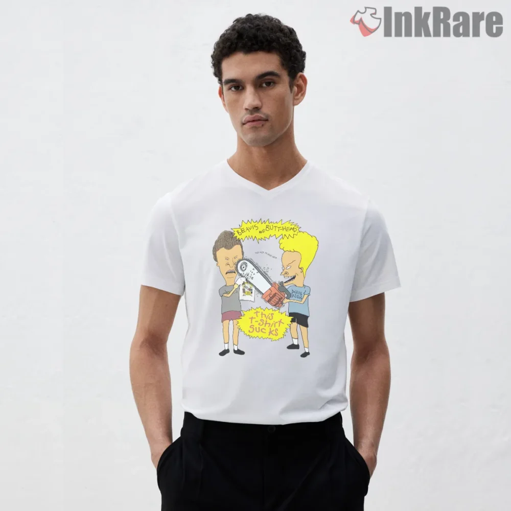 Beavis And Butt Head This T Shirt Sucks Chainsaw Shirt on white v-neck shirt for men graphic tee