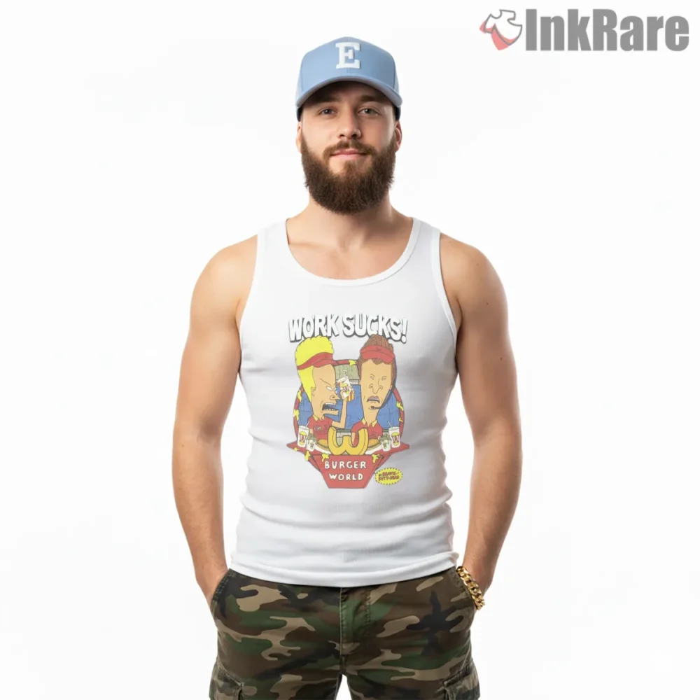 Beavis And Butt Head Work Sucks Burger World Shirt on white tank top for men graphic tee