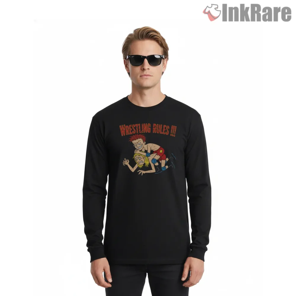 Beavis And Butt Head Wrestling Mayhem Cartoon Shirt on black long sleeve shirt for men graphic tee