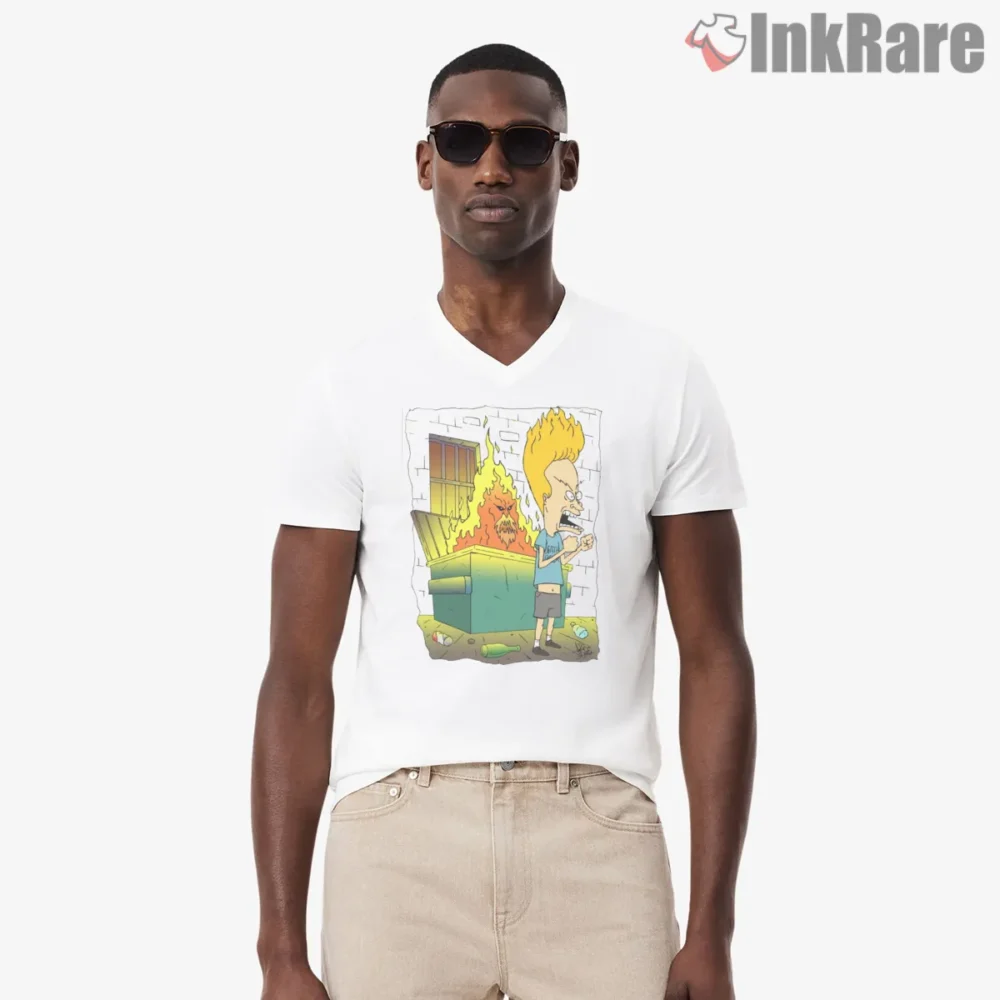 Beavis I Hear And Obey Dumpster Fire Worship Shirt on white v-neck shirt for men graphic tee