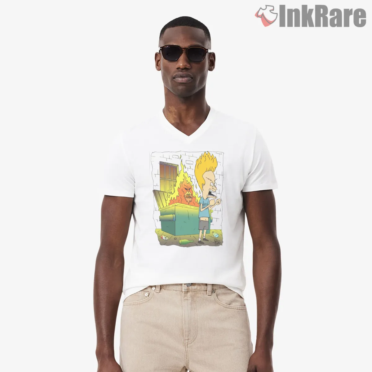 Beavis I Hear And Obey Dumpster Fire Worship V Neck White Beavis I Hear And Obey Dumpster Fire Worship Shirt on white v-neck shirt for men graphic tee