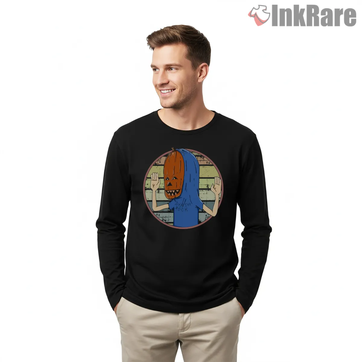Beavis Pumpkinhead Halloween Cartoon Shirt on black long sleeve shirt for men graphic tee