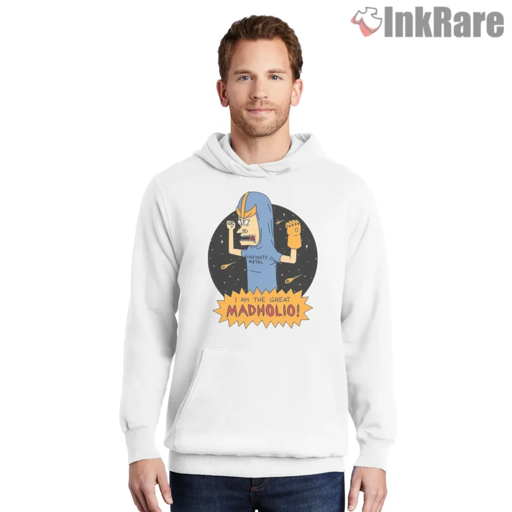 Beavis The Great Madholio Cosmic Gauntlet Parody Shirt on white hoodie for men graphic tee