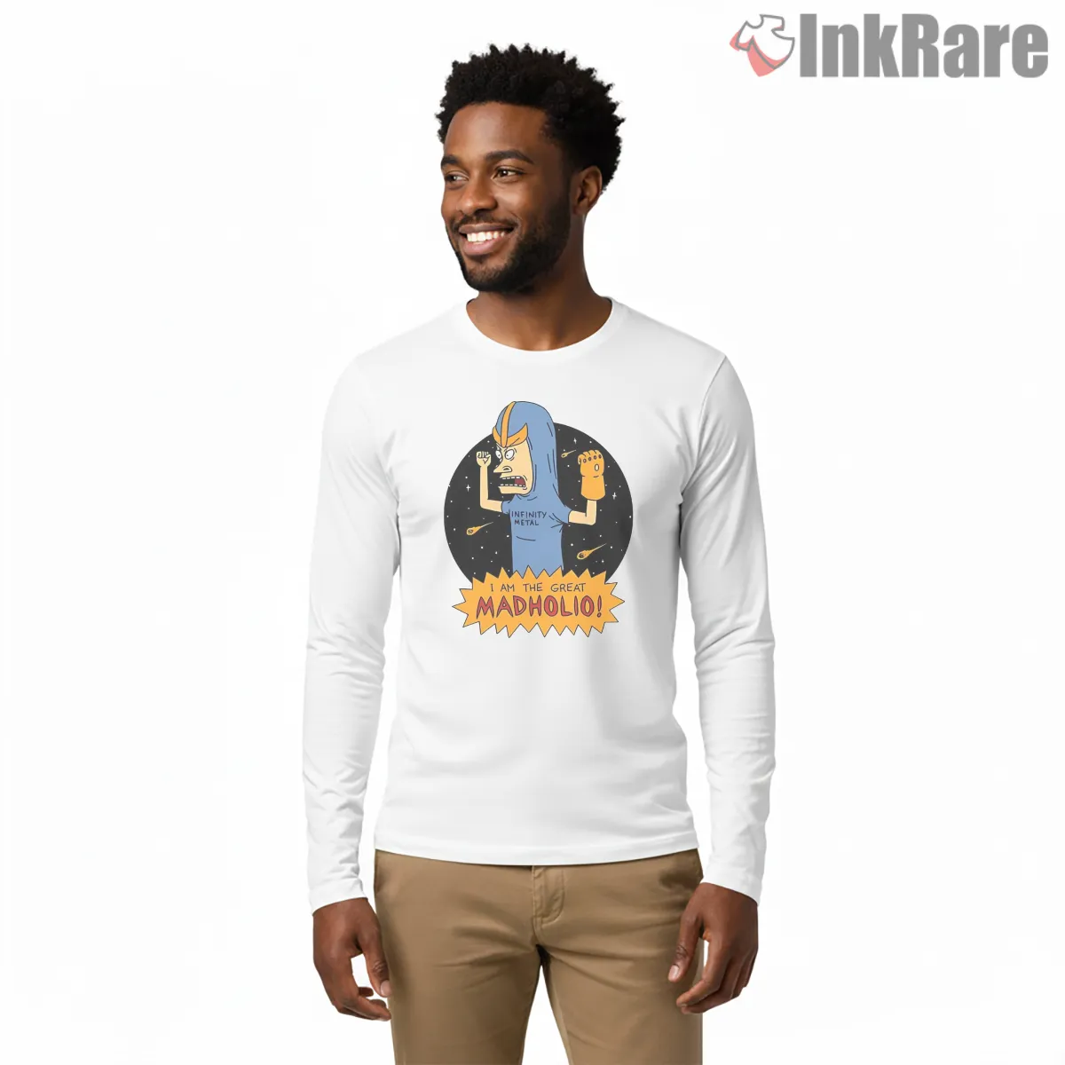 Beavis The Great Madholio Cosmic Gauntlet Parody Shirt on white long sleeve shirt for men graphic tee