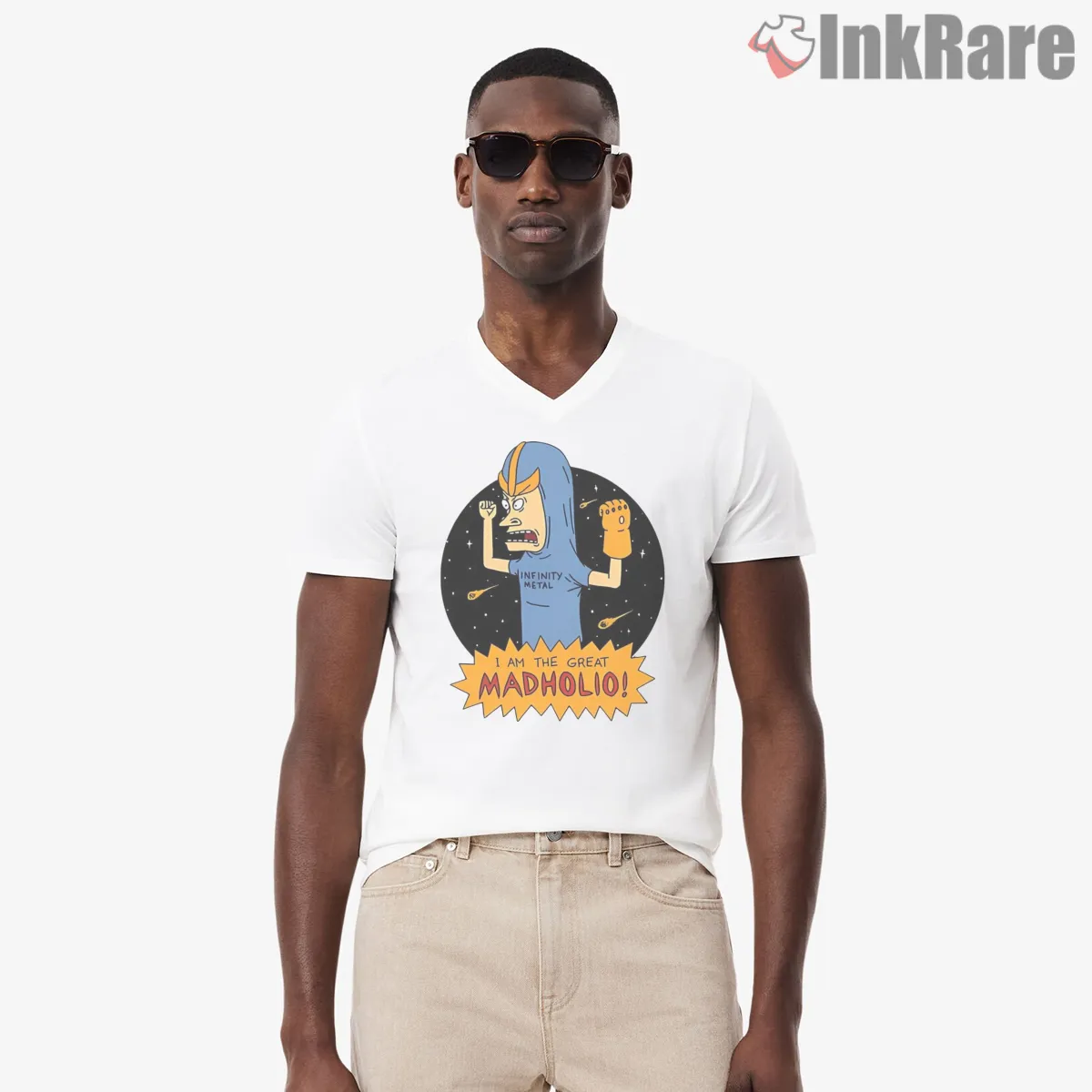 Beavis The Great Madholio Cosmic Gauntlet Parody V Neck White Beavis The Great Madholio Cosmic Gauntlet Parody Shirt on white v-neck shirt for men graphic tee
