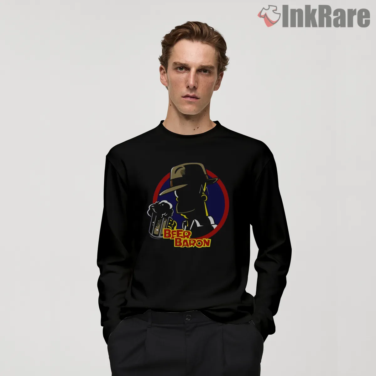 Beer Baron Noir Detective Style Cartoon Long Sleeve Black Beer Baron Noir Detective Style Cartoon Shirt on black long sleeve shirt for men graphic tee