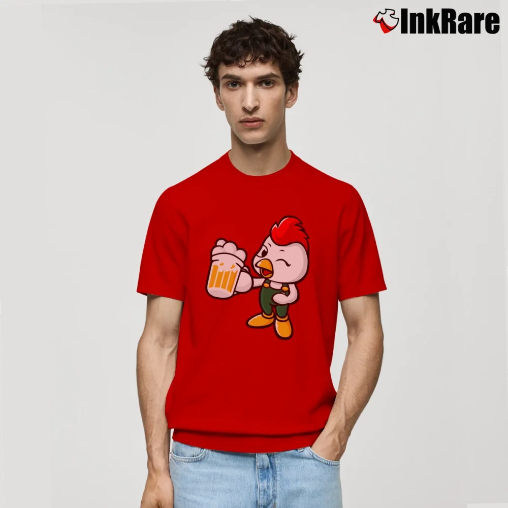 Men’s Beer Drinking Chicken Graphic Classic T-Shirt in red | Soft, Breathable Everyday Wear