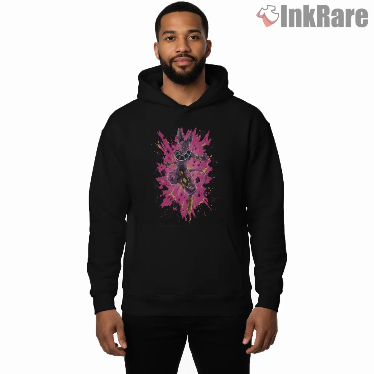 Beerus Cosmic Pink Splash God Of Destruction Hoodie Black Beerus Cosmic Pink Splash God Of Destruction Shirt on black hoodie for men graphic tee