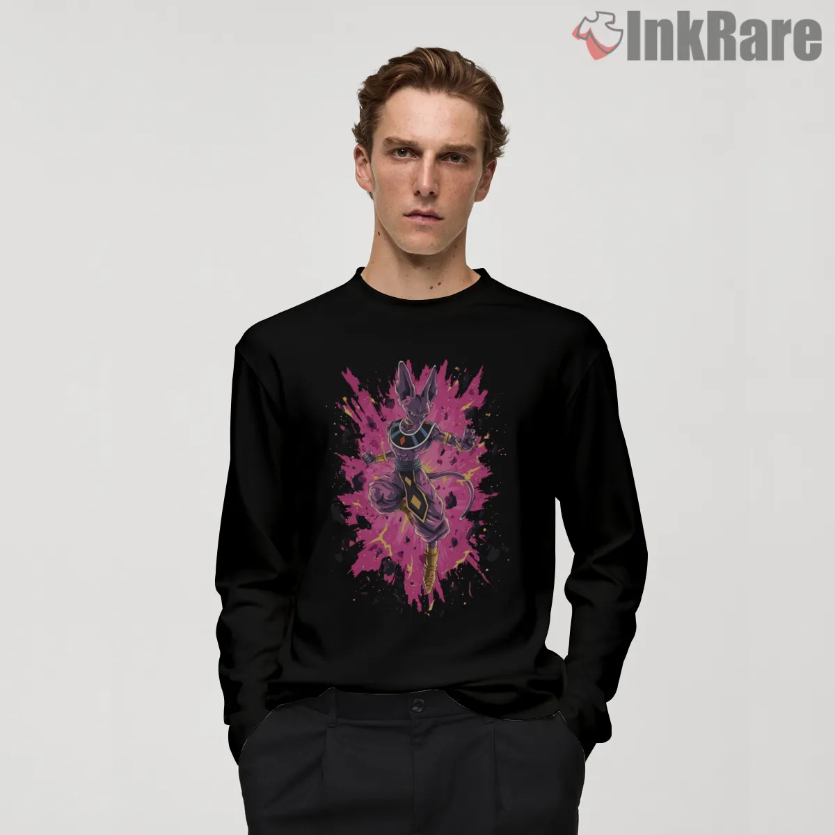 Beerus Cosmic Pink Splash God Of Destruction Long Sleeve Black Beerus Cosmic Pink Splash God Of Destruction Shirt on black long sleeve shirt for men graphic tee