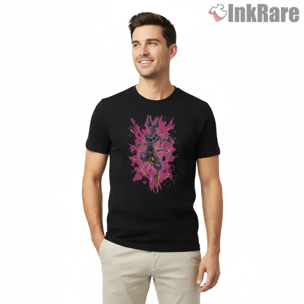 Beerus Cosmic Pink Splash God Of Destruction Shirt on black short sleeve shirt for men graphic tee