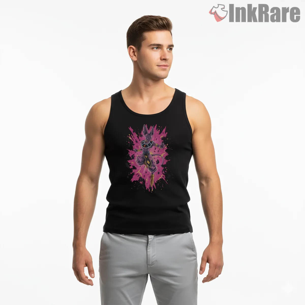Beerus Cosmic Pink Splash God Of Destruction Tank Top Black Beerus Cosmic Pink Splash God Of Destruction Shirt on black tank top for men graphic tee