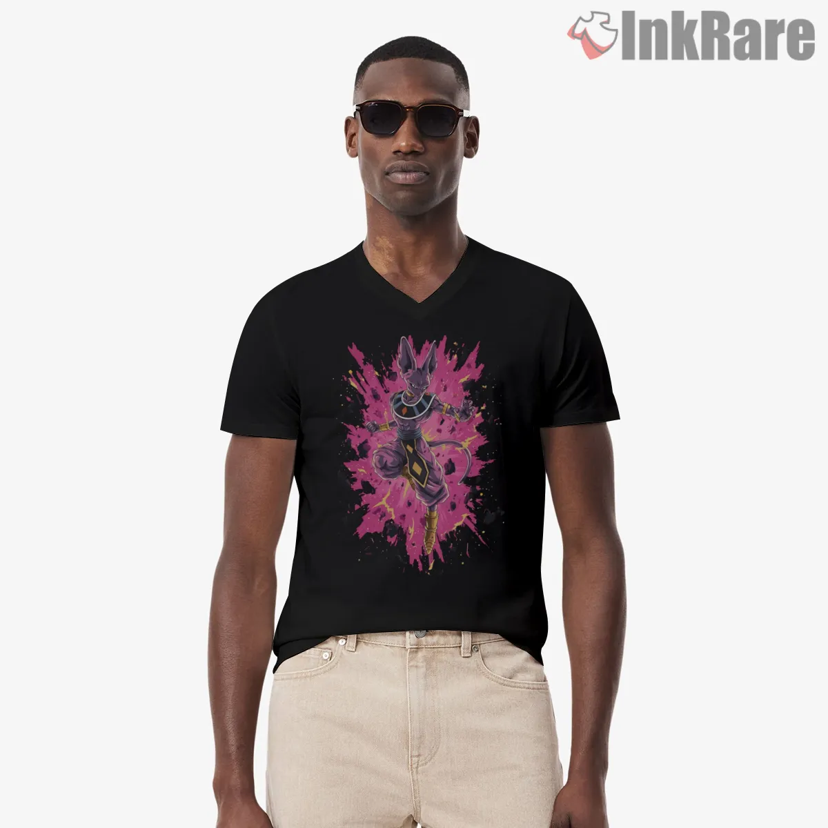 Beerus Cosmic Pink Splash God Of Destruction V Neck Black Beerus Cosmic Pink Splash God Of Destruction Shirt on black v-neck shirt for men graphic tee