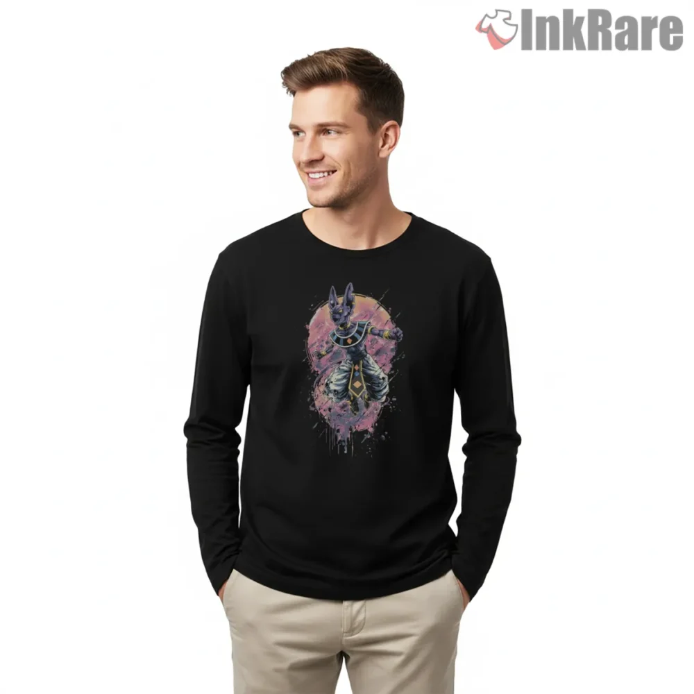 Beerus Cosmic Splash God Of Destruction Shirt on black long sleeve shirt for men graphic tee