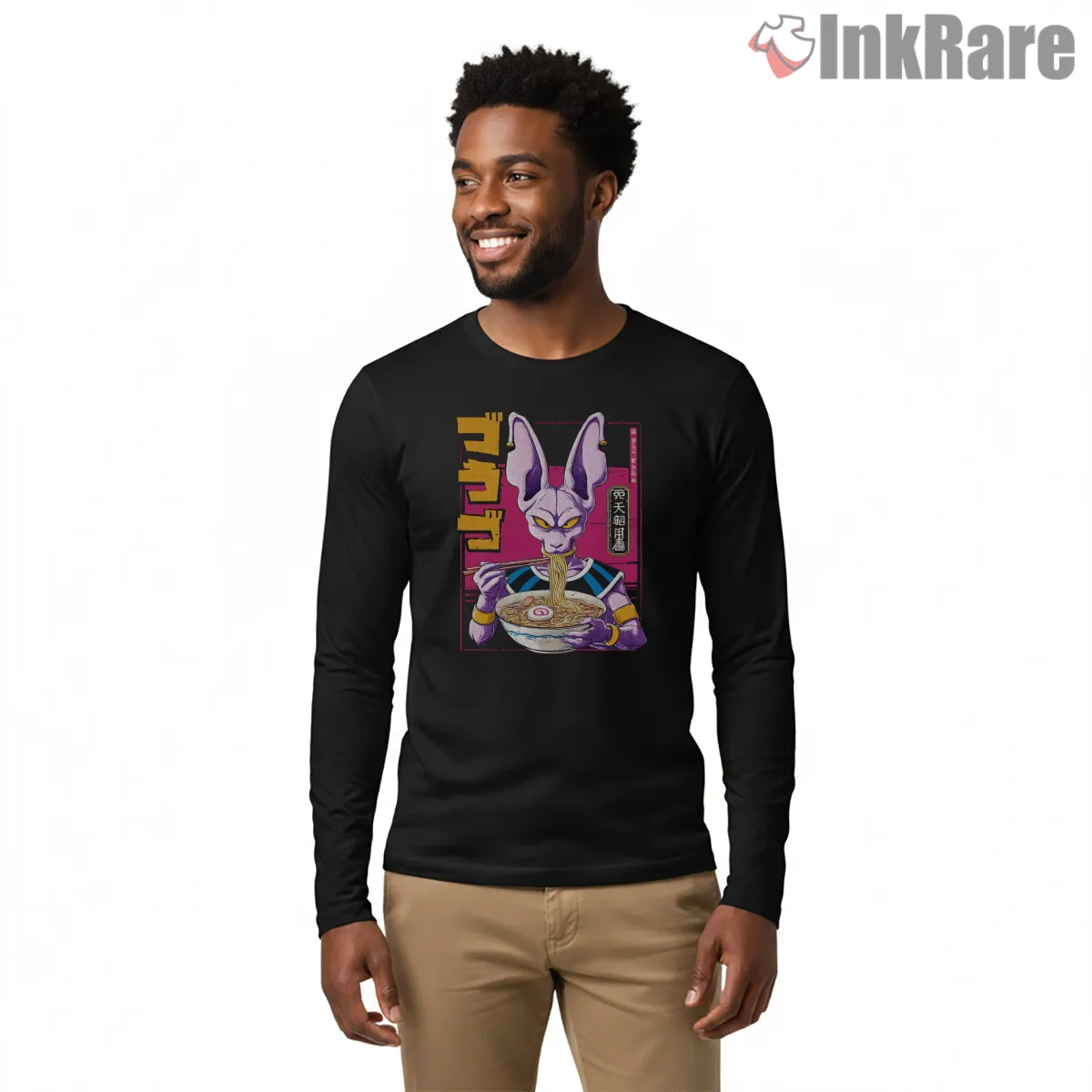 Beerus Ramen Night Retro Poster Long Sleeve Black Beerus Ramen Night Retro Poster Shirt on black long sleeve shirt for men graphic tee