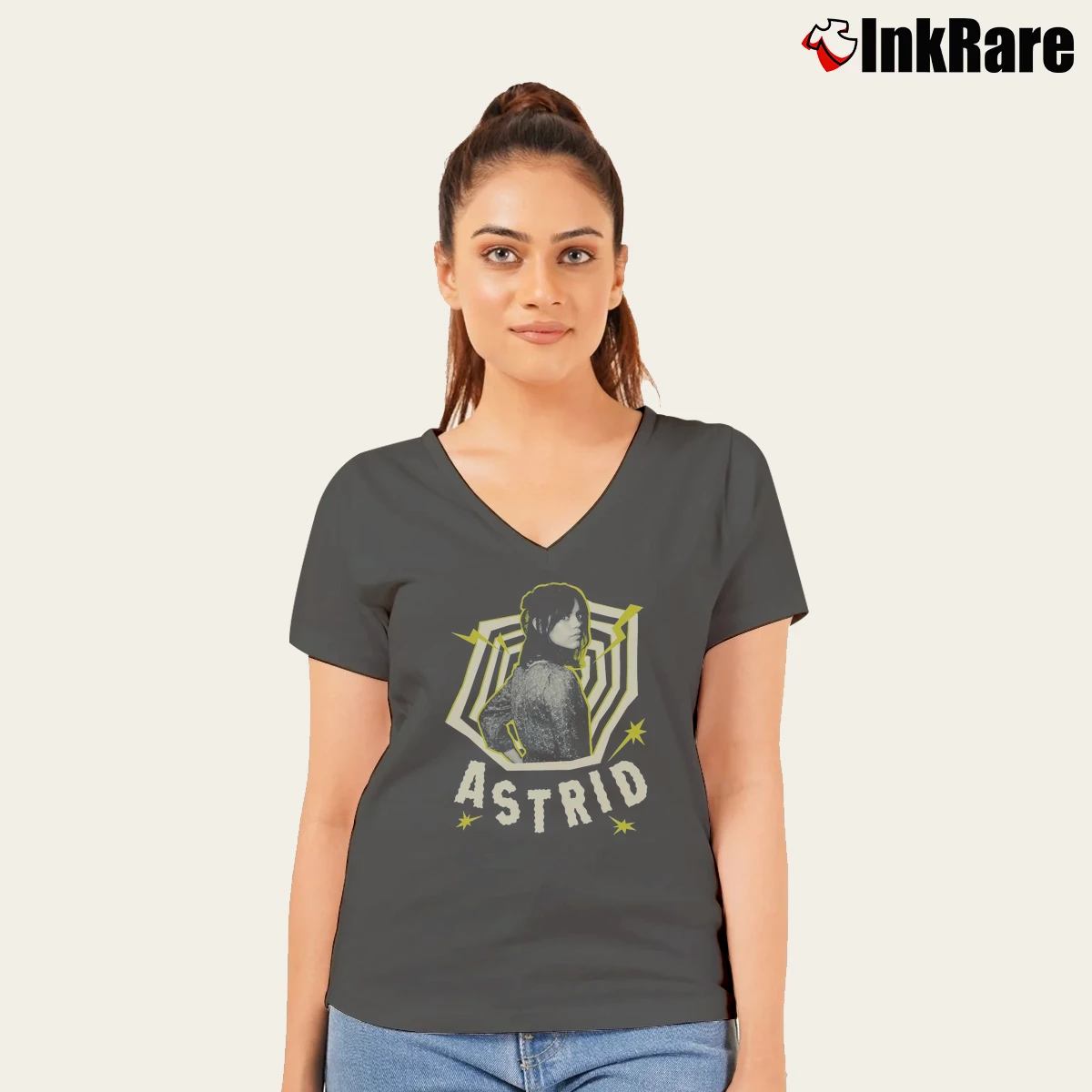 Beetlejuice Astrid Deetz Women’s V-Neck Tee in charcoal – Flattering Fit Women’s Beetlejuice Astrid Deetz V-Neck Tee in charcoal | Chic Neckline, Soft Texture