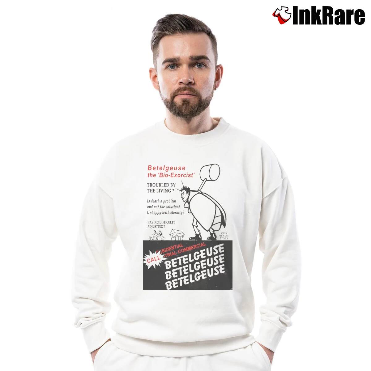 Beetlejuice Bio Exorcist Men’s Crewneck Sweatshirt in white – Soft & Durable Men’s Beetlejuice Bio Exorcist Crewneck Sweatshirt in white | Cozy Fabric, Clean Style
