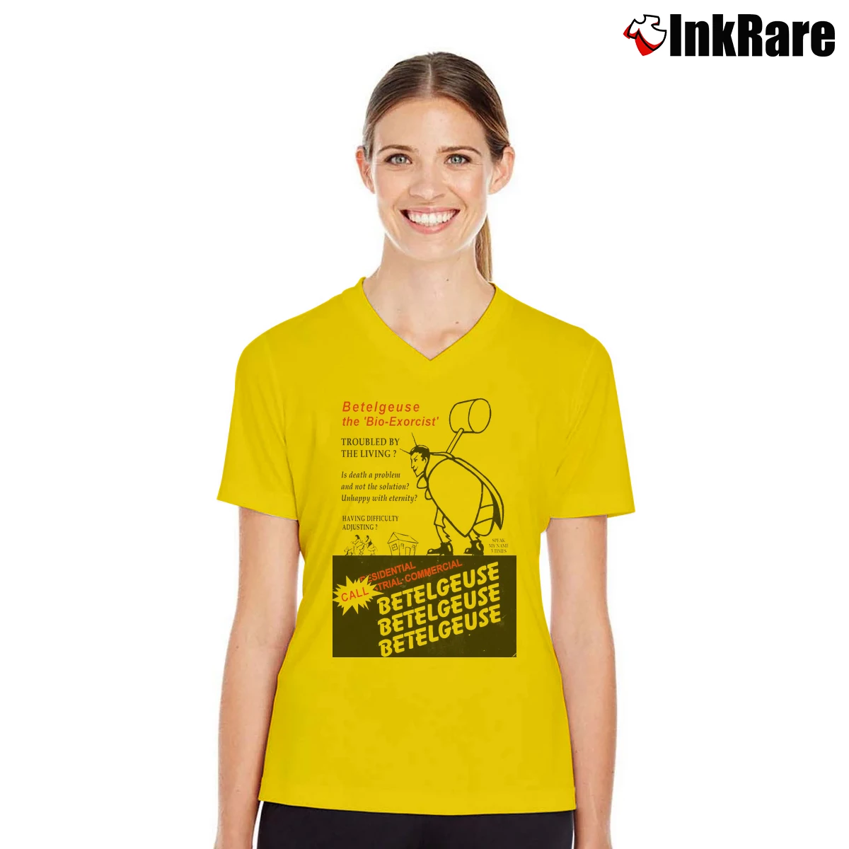 Beetlejuice Bio Exorcist Women’s V-Neck Tee in yellow – Flattering Fit Women’s Beetlejuice Bio Exorcist V-Neck Tee in yellow | Chic Neckline, Soft Texture