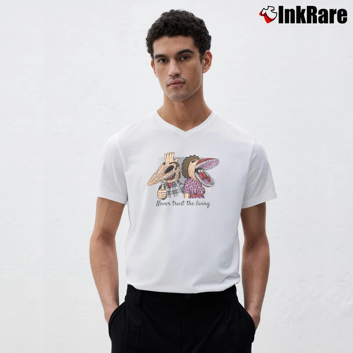 Beetlejuice Don’t Trust The Living Men’s V-Neck Tee in white – Modern Essential Men’s Beetlejuice Don't Trust The Living V-Neck Tee in white | Sharp, Breathable, Everyday Staple