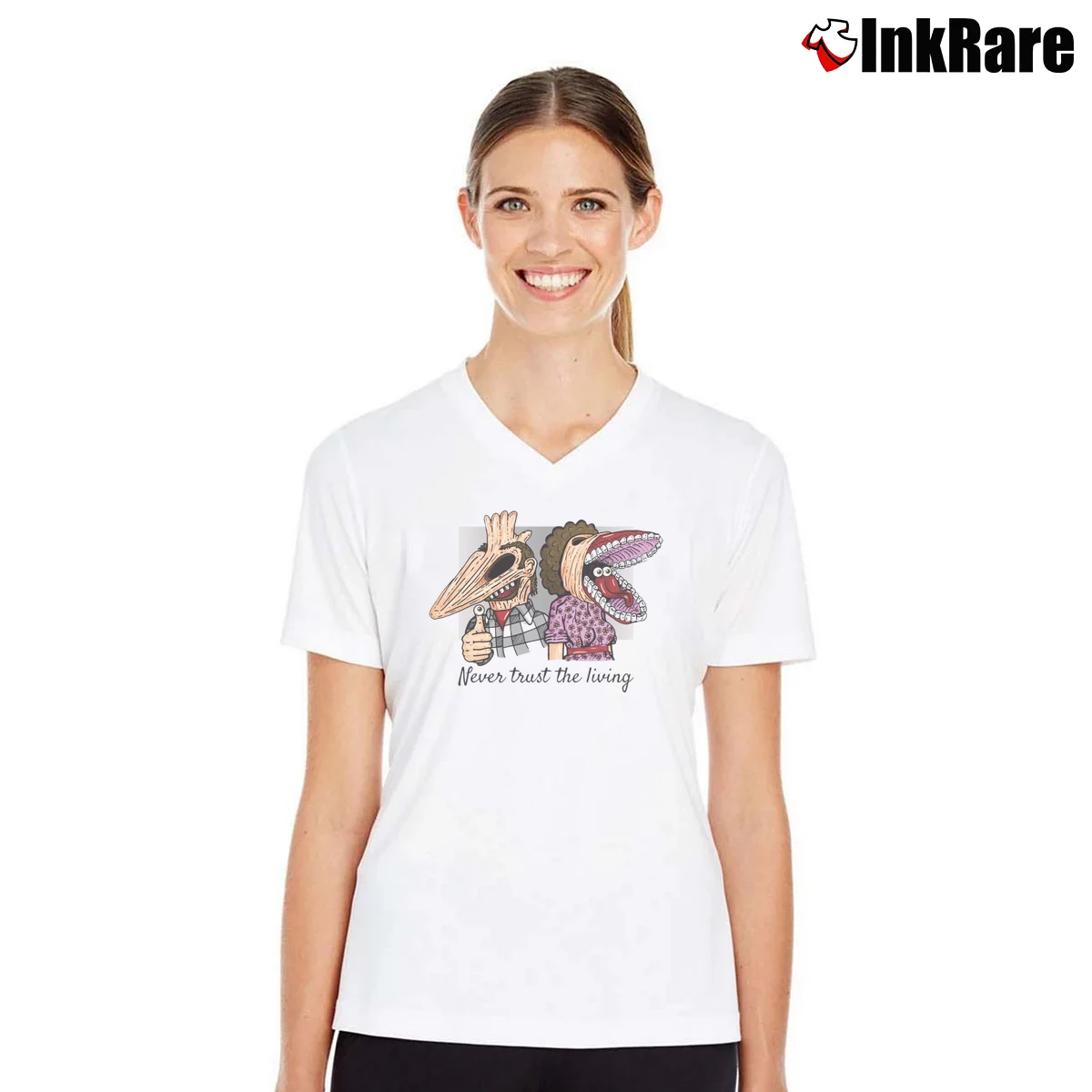 Beetlejuice Don’t Trust The Living Women’s V-Neck Tee in white – Flattering Fit Women’s Beetlejuice Don't Trust The Living V-Neck Tee in white | Chic Neckline, Soft Texture