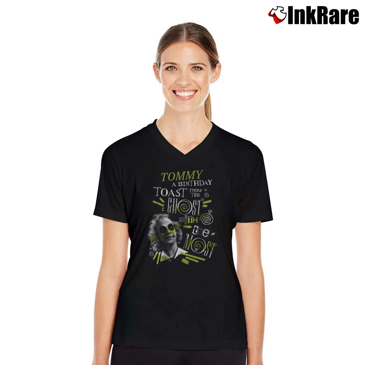 Beetlejuice Ghost With The Most Women’s V-Neck Tee in black – Flattering Fit Women’s Beetlejuice Ghost With The Most V-Neck Tee in black | Chic Neckline, Soft Texture