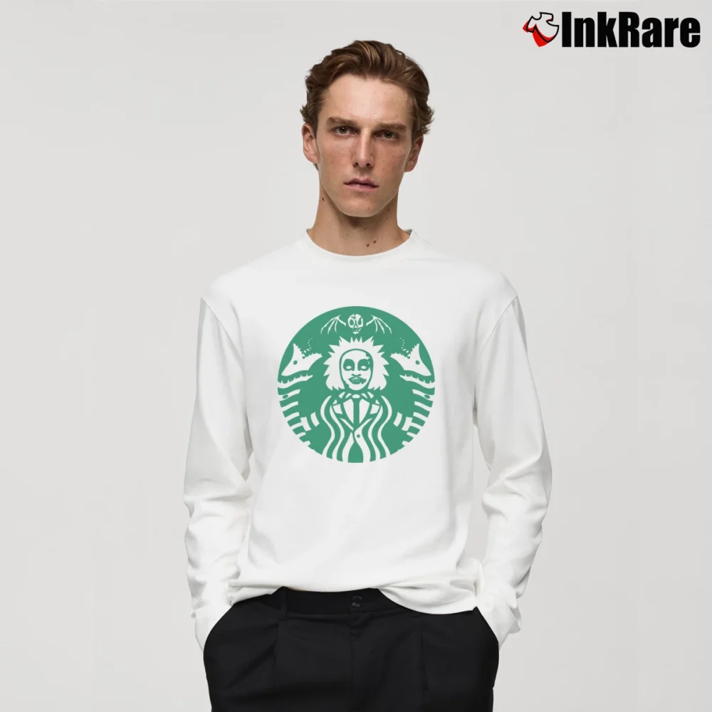 Men’s Beetlejuice Starbucks Funny Horror Long-Sleeve Shirt in white | Sleek, Lightweight, Year-Round Wear